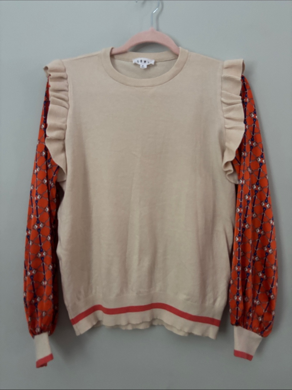 THML Cream Knit & Orange Patterned Mixed Media Ruffle Top / Sweater Sz M